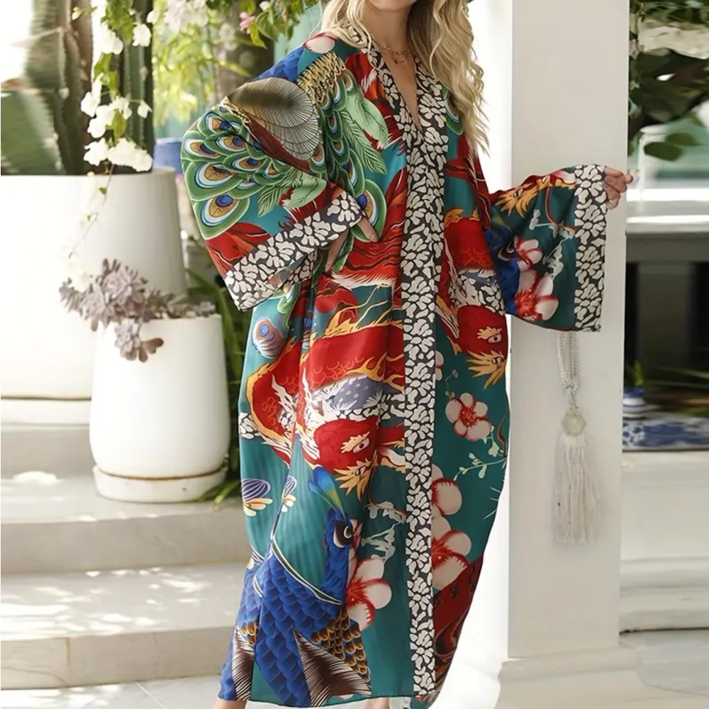 Plus sized Gorgeous kimono caftan robe Dragon Phoenix Peacock - Picture 6 of 6